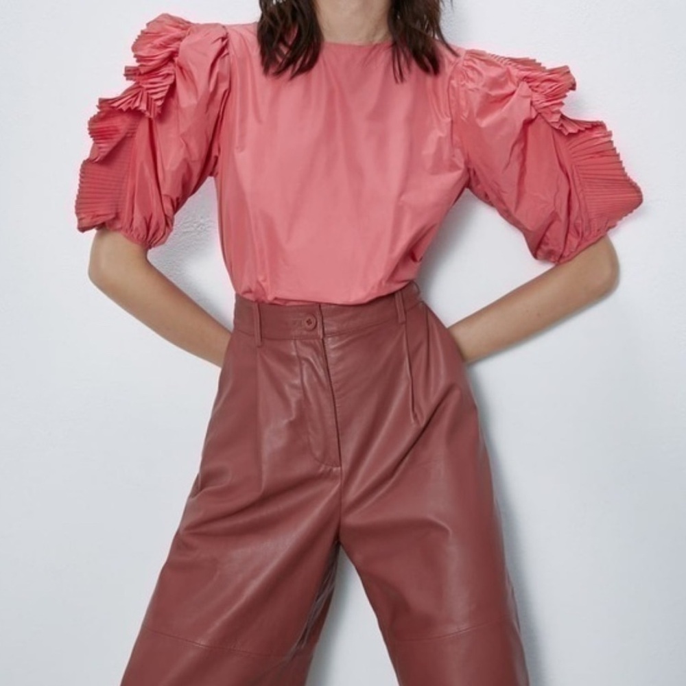 Zara ruffled taffeta Coral Blouse